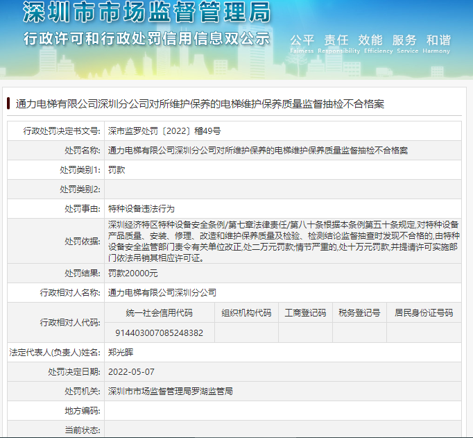 罰款2萬元！通力電梯有限公司深圳分公司被處罰